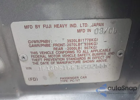 2007 Subaru Impreza 2.5I z USA, uszkodzony, nr VIN JF1GD61667H502666